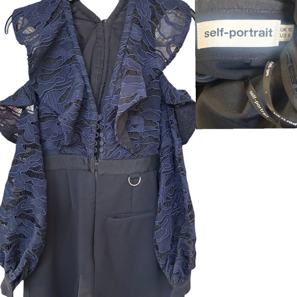 SELF PORTRAIT NAVY LACE COLD SHOULDER BLACK JUMPSUIT SIZE 6 EUC - Picture 6 of 6